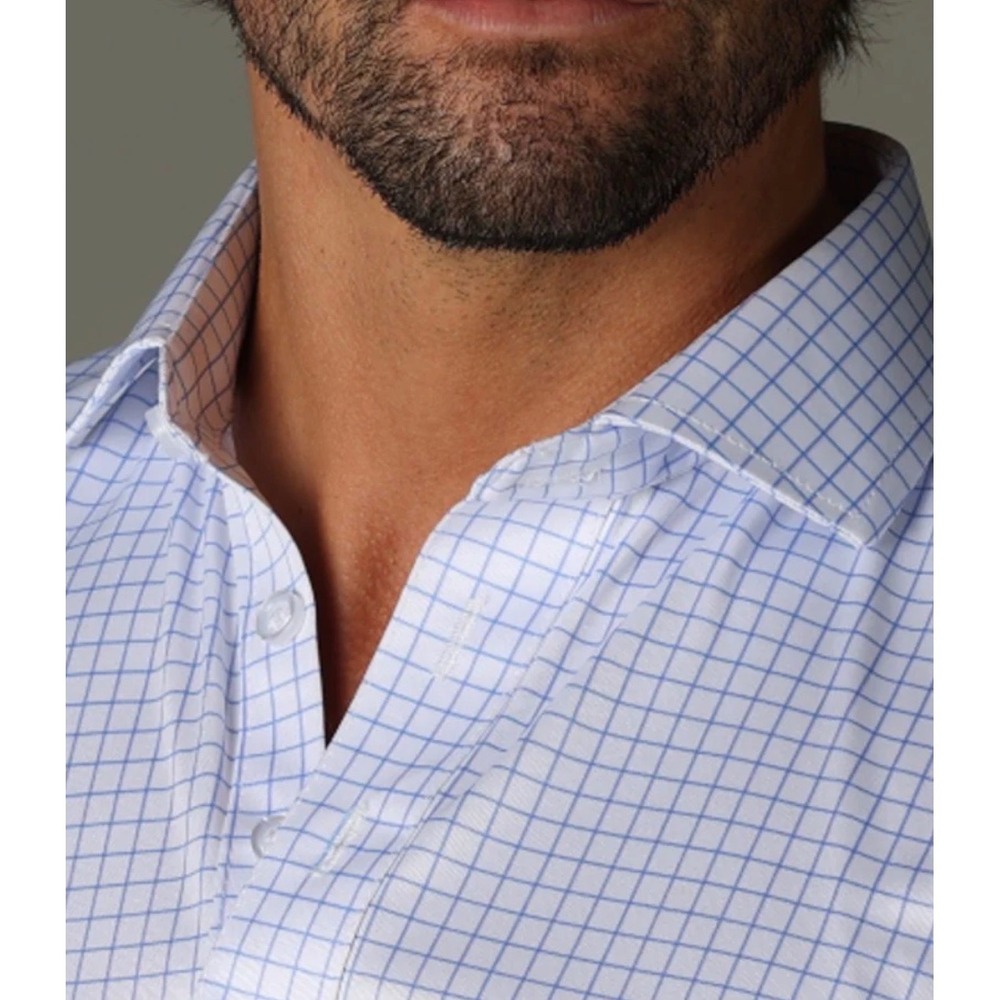Collars & Co Mens Dress Collar Polo Size Large Thin Blue Check NEW - Picture 2 of 10